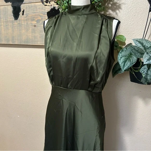 Lulus Classic Elegance Olive Satin Sleeveless Mock Neck Maxi Dress - Picture 3 of 8